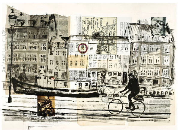 Collage of a city street scene with buildings, a boat, and a person on a bicycle inspired by Denmark.
